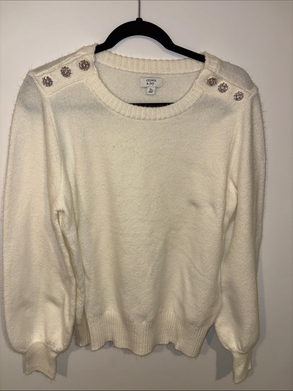 crown & ivy ivory crewneck sweater with jeweled shoulder buttons
